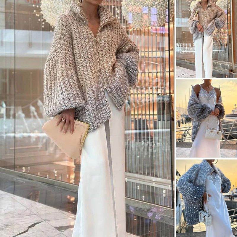 Knitted sweater jacket with solid sequins